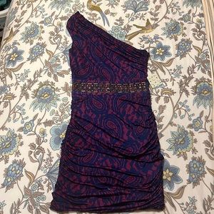 Kouture Brand Off One Shoulder Slinky Stretchy Dark Pink and Navy Blue Dress